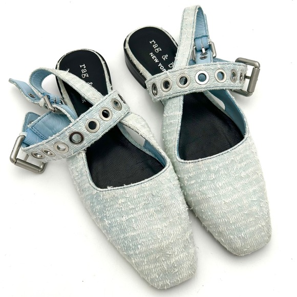 Rag & Bone Blue Tweed Grommet Slingback Flats Pointed Toe Shoes EU 38 US 7.5M - Picture 7 of 7